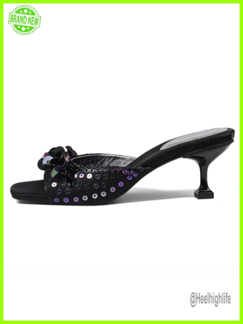 Sequin Kitten Heel Sandals Square Toe Slingback Mule Heels